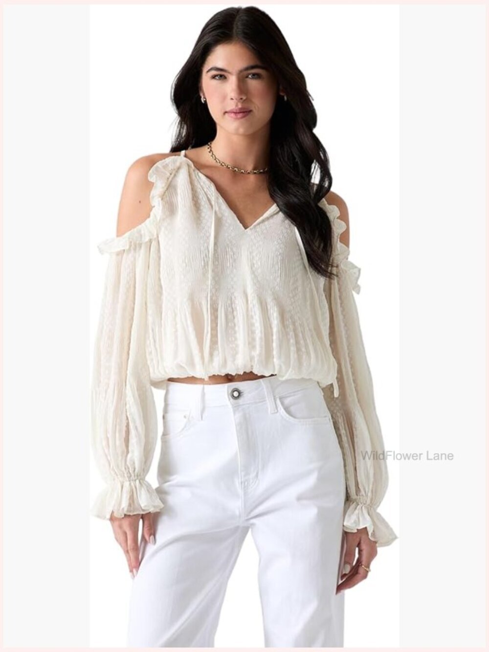 Long Sleeve Cold Shoulder Blouse Pleated Chiffon V-Neck Top